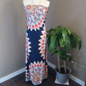Paper Doll strapless peacock print maxi dress.